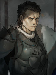 Rule 34 | 1boy, agravain (fate), armor, black armor, black hair, breastplate, cape, collar, crack of light, expressionless, fate/grand order, fate (series), frown, fur trim, gradient hair, grey eyes, highres, knights of the round table (fate), light, looking at viewer, male focus, medium hair, multicolored hair, rott ur, shade, shoulder pads, simple background, solo, upper body