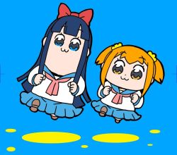 Rule 34 | 10s, 2girls, :3, bkub, blue background, bow, hair bow, long hair, looking at viewer, md5 mismatch, multiple girls, pipimi, poptepipic, popuko, resized, school uniform, serafuku, sidelocks, simple background, two side up