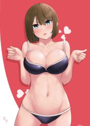 Rule 34 | 1girl, absurdres, bikini, black bikini, blue eyes, breasts, brown hair, cleavage, collarbone, contrapposto, cowboy shot, heart, highres, jouzaburou (joe3), kantai collection, large breasts, looking at viewer, maya (kancolle), red background, short hair, solo, standing, swimsuit, two-tone background