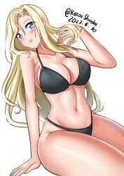Rule 34 | 1girl, absurdres, bikini, black bikini, blonde hair, breasts, cleavage, dated, grey eyes, hair intakes, highres, hornet (kancolle), kantai collection, katou shinobu, large breasts, leaning back, long hair, looking at viewer, one-hour drawing challenge, parted lips, simple background, sitting, solo, swimsuit, twitter username, white background