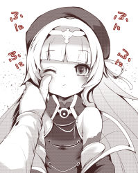 Rule 34 | 1girl, azur lane, bare shoulders, beret, blunt bangs, closed mouth, collared dress, commander (azur lane), commentary request, dress, gloves, greyscale, hand on another&#039;s cheek, hand on another&#039;s face, hat, headpiece, highres, jacket, long sleeves, monochrome, off shoulder, one eye closed, open clothes, open jacket, simple background, sleeveless, sleeveless dress, solo focus, takara akihito, translation request, white background, z46 (azur lane)
