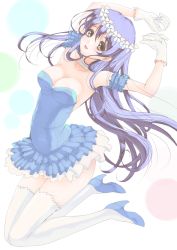 Rule 34 | 10s, 1girl, arms up, bare shoulders, blush, breasts, frapowa, gloves, head wreath, high heels, long hair, looking at viewer, love live!, love live! school idol project, smile, solo, sonoda umi, thighhighs, white gloves, white thighhighs, yume no tobira