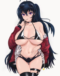 Rule 34 | 1girl, ahoge, ana (vvvvor), azur lane, bare shoulders, bikini, black bikini, black choker, black hair, black thighhighs, breasts, choker, cleavage, collarbone, eyewear on head, gluteal fold, hair between eyes, halterneck, hand to own mouth, highres, jacket, large breasts, lips, long hair, looking at viewer, multicolored eyes, navel, off shoulder, official alternate costume, open clothes, open jacket, parted lips, ponytail, purple eyes, race queen, red eyes, red jacket, simple background, solo, standing, sunglasses, sunglasses on head, swimsuit, taihou (azur lane), taihou (enraptured companion) (azur lane), thigh gap, thigh strap, thighhighs, thighs, white background