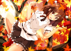 Rule 34 | 1girl, :d, :o, autumn leaves, blouse, blush, brown hair, buttons, dutch angle, geta, hat, leaf, looking at viewer, maple leaf, notebook, ok-ray, open mouth, pen, pleated skirt, puffy short sleeves, puffy sleeves, red eyes, shameimaru aya, shirt, short hair, short sleeves, skirt, smile, solo, tengu-geta, thighs, tokin hat, touhou, tree, branch