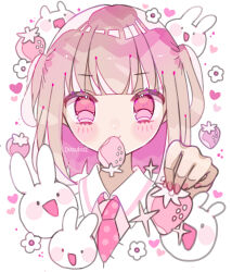 Rule 34 | 1girl, absurdres, blush, brown hair, collared shirt, food, food in mouth, fruit, highres, holding, holding food, holding fruit, looking at viewer, mouth hold, nagihoko, nail polish, necktie, original, pink eyes, pink theme, rabbit, shirt, short hair, solo, strawberry, two side up