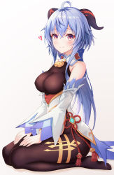 Rule 34 | 1girl, absurdres, ahoge, bare shoulders, bell, black legwear, blue hair, blush, bodystocking, bow, breasts, chinese knot, covered erect nipples, detached sleeves, flower knot, from side, full body, ganyu (genshin impact), genshin impact, gold trim, hand on own leg, heart, highres, horns, large breasts, long hair, looking at viewer, low ponytail, neck bell, neon (hhs9444), no gloves, no shoes, purple eyes, red rope, rope, seiza, sidelocks, sitting, smile, solo, tassel, vision (genshin impact), waist cape, white background, white sleeves
