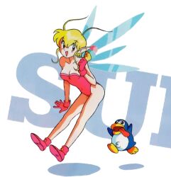 Rule 34 | 1990s (style), 1girl, akane (parodius), antenna hair, bare shoulders, bird, blonde hair, breasts, cleavage, double scoop, fairy, fairy wings, food, full body, gloves, holding, holding food, holding ice cream, ice cream, ice cream cone, leotard, long pointy ears, lowres, medium breasts, non-web source, official art, open mouth, parodius, penguin, pointy ears, red eyes, red footwear, red gloves, red leotard, retro artstyle, solo, strapless, strapless leotard, white background, wings