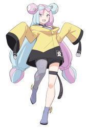 Rule 34 | 1girl, bare shoulders, black shorts, blue hair, blush, bow-shaped hair, breasts, character hair ornament, creatures (company), full body, game freak, grey eyes, grey pantyhose, hair ornament, iono (pokemon), jacket, light blue hair, long hair, long sleeves, looking at viewer, low-tied long hair, low twintails, medium breasts, multicolored hair, nintendo, open mouth, pantyhose, pink hair, pokemon, pokemon sv, sharp teeth, shiseki hirame, shorts, simple background, single leg pantyhose, sleeves past fingers, sleeves past wrists, smile, solo, split-color hair, teeth, twintails, white background, yellow jacket