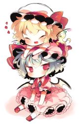 Rule 34 | 2girls, :d, ^ ^, bad id, bad tumblr id, bat wings, blonde hair, blue hair, blush, chibi, closed eyes, fang, flandre scarlet, frills, full body, happy, hat, heart, kyou (nekoneko), lying, mob cap, multiple girls, open mouth, remilia scarlet, short hair, simple background, sitting, sitting on head, sitting on person, sketch, smile, sparkling eyes, touhou, white background, wings