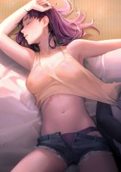 Rule 34 | 1girl, absurdres, armpits, bare arms, blush, closed eyes, covered erect nipples, crop top, denim, denim shorts, hand on own head, head under another&#039;s clothes, highres, katsuragi misato, limart, long hair, lying, navel, neon genesis evangelion, no bra, on back, open fly, panties, parted lips, penpen, purple hair, scar, scar on stomach, see-through, short shorts, shorts, sleeping, sleeveless, solo, stomach, tank top, torn clothes, torn shorts, under another&#039;s clothes, underwear