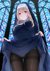 Rule 34 | 1girl, absurdres, backlighting, black pantyhose, blonde hair, bloom, blue dress, blush, breasts, church, clothes lift, cowboy shot, crotch seam, dress, dress lift, en (sonos), from below, gluteal fold, habit, hair between eyes, hands up, highres, huge filesize, indoors, lace, lace-trimmed panties, lace trim, large breasts, lifting own clothes, light smile, long hair, looking at viewer, looking down, nun, original, panties, panties under pantyhose, pantyhose, purple eyes, shiny clothes, solo, stained glass, standing, thigh gap, thighband pantyhose, underwear, veil, window
