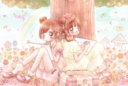 Rule 34 | 2girls, back-to-back, barefoot, bird, brown eyes, brown hair, collared shirt, crayon, double bun, drawing, dress, flower (symbol), hair bun, hand on own chin, head wreath, holding, holding crayon, lace, lace-trimmed dress, lace trim, low twintails, mary janes, mind 08, multiple girls, musical note, on ground, open mouth, original, puffy short sleeves, puffy shorts, puffy sleeves, rainbow, shirt, shoes, short sleeves, shorts, socks, tree, twintails
