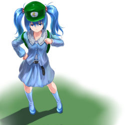 Rule 34 | 1girl, backpack, bag, belt, blue eyes, blue hair, boots, eno (whiskeyne), female focus, from above, hair bobbles, hair ornament, hand on own hip, hat, kawashiro nitori, long sleeves, matching hair/eyes, solo, standing, touhou, twintails, two side up