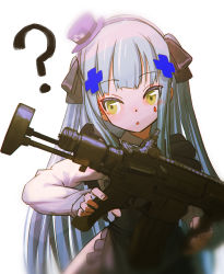 Rule 34 | 1girl, ?, aged down, assault rifle, commentary request, expressionless, facial mark, girls&#039; frontline, green eyes, gun, hair ornament, hat, highres, hironii (hirofactory), hk416 (black kitty&#039;s gift) (girls&#039; frontline), hk416 (girls&#039; frontline), holding, holding weapon, long hair, long sleeves, official alternate costume, open mouth, rifle, silver hair, solo, weapon
