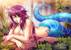 Rule 34 | 1girl, 1other, artist name, bare shoulders, breasts, cleavage, felarya, giant, giantess, lamia, long hair, lying, monster girl, nude, on stomach, one eye closed, purple eyes, purple hair, solo focus, songwut ouppakarndee, vore