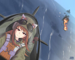 Rule 34 | 1girl, 2022, aircraft, airplane, alternate costume, animal ear fluff, animal ears, artist name, battle, brown hair, closed mouth, commentary, commission, dated, day, dutch angle, ears through headwear, english commentary, fighter jet, fire, floating hair, flying, goggles, goggles on head, hat, highres, holo, jet, jewelry, long hair, looking at viewer, midair, military hat, military uniform, military vehicle, motion blur, necklace, nyaxxy, outdoors, red eyes, serious, solo, spice and wolf, split mouth, straight hair, uniform, upper body, v-shaped eyebrows, wolf ears, wolf girl