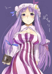 Rule 34 | 1girl, :&lt;, bad id, bad pixiv id, blush, book, bow, breasts, curvy, dress, female focus, hair bow, hat, huge breasts, long hair, otogi (s in w), patchouli knowledge, purple eyes, purple hair, sketch, solo, striped clothes, striped dress, sweat, touhou, very long hair