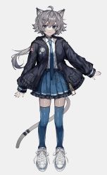 Rule 34 | 1girl, ahoge, animal ear fluff, animal ears, belt, black jacket, blue choker, blue eyes, blue nails, blue necktie, blue skirt, blue thighhighs, cat ears, choker, collared shirt, commentary request, deep (deep4946), full body, grey background, grey hair, highres, jacket, long hair, long sleeves, looking at viewer, nail polish, necktie, open clothes, open jacket, original, paw print, pleated skirt, shirt, shoes, simple background, skirt, sneakers, solo, standing, thighhighs, white footwear, white hair