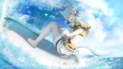 Rule 34 | 1girl, :d, animal ears, barefoot, blue eyes, blue hair, cat ears, cat tail, day, full body, hair between eyes, highres, mysteryctu, nail polish, ocean, open mouth, outdoors, red nails, short hair with long locks, short shorts, shorts, sidelocks, sinon (sao-alo), smile, solo, summer, surfboard, surfing, sword art online, tail, toenail polish, toenails, waves, white shorts