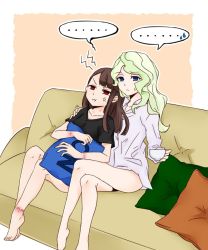 Rule 34 | ..., 10s, 2girls, anger vein, bad id, bad twitter id, barefoot, blonde hair, blue eyes, bondage bruising, brown hair, bruise, commentary request, couch, cup, cushion, diana cavendish, hickey, injury, kagari atsuko, little witch academia, multiple girls, pout, raisun, red eyes, shirt, sweatdrop, teacup, yes-no pillow, yuri