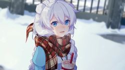 Rule 34 | 1girl, :d, antenna hair, blue eyes, blue jacket, braid, casual, drinking straw, hair between eyes, highres, holding, honkai (series), honkai impact 3rd, jacket, jewelry, kiana kaslana, long hair, long sleeves, looking at viewer, milk tea, necklace, open mouth, outdoors, scarf, smile, snow, snowing, solo, third-party source, twin braids, white hair