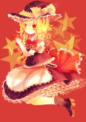 Rule 34 | 1girl, apron, blonde hair, blush, bow, female focus, frills, hat, hat bow, hiyuu (hiyualice), kirisame marisa, long hair, open mouth, puffy sleeves, red background, red eyes, red theme, short sleeves, solo, star-shaped pupils, star (symbol), symbol-shaped pupils, touhou, witch hat