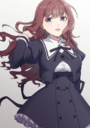 Rule 34 | 1girl, absurdres, arm at side, assault lily, black ribbon, black skirt, blue eyes, breasts, brown hair, buttons, commentary, cowboy shot, cropped jacket, floating hair, frilled skirt, frills, gradient background, grey background, hair flip, hand up, high-waist skirt, highres, juliet sleeves, kaede johan nouvel, kashinoshi, long hair, long sleeves, looking at viewer, medium breasts, neck ribbon, parted lips, puffy sleeves, ribbon, school uniform, shirt, sidelocks, skirt, solo, standing, wavy hair, white background, white shirt, yurigaoka girls academy school uniform