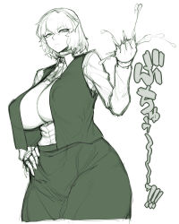 Rule 34 | 1girl, ascot, ball busting, bdsm, breasts, castration, cbt, covered erect nipples, crushing, female focus, green theme, hand on own hip, huge breasts, kazami yuuka, monochrome, shirt, short hair, skirt, solo, spacezin, testicles, thighs, touhou, vest, white background, wide hips