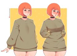 Rule 34 | 1girl, :o, absurdres, alternate breast size, baggy clothes, blush, bob cut, breasts, choker, curvy, flustered, fraankyy, highres, large breasts, looking at viewer, mcdonald&#039;s, mother (yoru mac), meme, mother (yoru mac), nail, nail polish, orange hair, pajamas challenge (meme), patreon username, short hair, shy, solo, sweat, thick thighs, thighs, wide hips, yoru mac