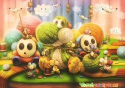Rule 34 | 10s, 2015, artist name, bird, buttons, cloud, colorful, copyright name, highres, holding, knitting needle, needle, no humans, pointing, shy guy, sitting, spool, standing, stitches, sui (petit comet), thread, wool, yarn, yarn ball, yoshi, yoshi&#039;s woolly world