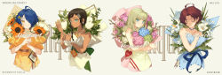 Rule 34 | 4girls, ahoge, aonuma neiru, aqua eyes, artist name, bare arms, bare shoulders, beige dress, blue choker, blue dress, blue eyes, blue flower, blue hair, blue ribbon, bouquet, bow, bracelet, branch, brown hair, brown ribbon, chinese text, choker, closed eyes, closed mouth, collarbone, commentary, copyright name, cropped legs, dark-skinned female, dark skin, dated, dress, earrings, english text, eyes visible through hair, favilia, flower, green ribbon, grey background, grey hair, hair ornament, hair over one eye, hairclip, hands up, heart, heterochromia, highres, holding, holding bouquet, hydrangea, jewelry, kawai rika, leaf, long hair, looking at viewer, mole, mole under eye, multicolored hair, multiple girls, neck ribbon, necklace, off-shoulder dress, off shoulder, ooto ai, orange dress, orange eyes, orange flower, own hands together, pink flower, pink hair, ribbon, sawaki momoe, short hair, single sidelock, sleeveless, sleeveless dress, smile, strapless, strapless dress, streaked hair, sunflower, symbol-only commentary, triangle hair ornament, tulip, upper body, waist bow, white dress, white flower, white ribbon, white tulip, wonder egg priority