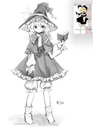 Rule 34 | 1girl, 80isiiii, absurdres, bloomers, blush, book, bow, capelet, closed mouth, frilled skirt, frills, full body, greyscale, hair between eyes, hat, hat bow, highres, holding, holding book, kirisame marisa, long hair, long sleeves, monochrome, multiple views, reference inset, simple background, skirt, socks, touhou, underwear, white background, witch hat, zun (artist)