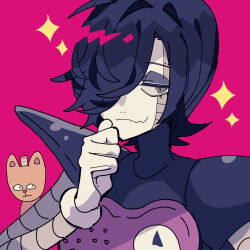 Rule 34 | 2boys, android, black eyeshadow, black hair, burgerpants, closed mouth, colored skin, eyeshadow, finger to cheek, gloves, grey eyes, hair over one eye, hat, highres, looking at another, looking at viewer, makeup, mechanical arms, mettaton, mettaton ex, multiple boys, nikorashi-ka, pink background, short hair, solo focus, sparkle, undertale, upper body, white gloves, white skin