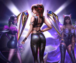 Rule 34 | 3girls, aerith gainsborough, ahri (league of legends), ahri (league of legends) (cosplay), animal ears, ass, bare shoulders, black hair, blue eyes, blurry, blurry background, breasts, brown eyes, brown hair, cleavage, cosplay, crystal tail, evelynn (league of legends), evelynn (league of legends) (cosplay), final fantasy, final fantasy vii, final fantasy vii remake, fingerless gloves, fox ears, fox tail, gloves, hand on own hip, headband, high-waist skirt, highres, jessie rasberry, k/da (league of legends), k/da ahri, k/da evelynn, k/da kai&#039;sa, kai&#039;sa, kai&#039;sa (cosplay), large breasts, league of legends, leotard, liang xing, long hair, looking at viewer, multiple girls, ponytail, red headband, signature, skirt, solo focus, standing, sunglasses, tail, tifa lockhart, watermark, web address