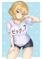 Rule 34 | 1girl, alternate costume, blonde hair, blue eyes, blush, braid, breasts, closed mouth, clothes writing, collarbone, colorado (kancolle), commentary request, cowboy shot, highres, kantai collection, large breasts, looking at viewer, oonaka ito, shirt, short hair, shorts, side braids, simple background, smile, solo, thighs, translation request, white shirt