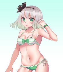 Rule 34 | 1girl, bad id, bad pixiv id, bare arms, bare shoulders, bikini, black bow, blush, bow, bow bikini, breasts, cleavage, cowboy shot, dark jewel (gem oblivion), ears visible through hair, gradient background, green bow, green eyes, hair bow, halterneck, hand up, highres, konpaku youmu, looking at viewer, medium breasts, multicolored background, navel, open mouth, short hair, side-tie bikini bottom, silver hair, solo, striped bikini, striped clothes, swimsuit, touhou, two-tone background, wristband