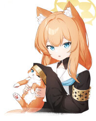 Rule 34 | 1girl, absurdres, animal, animal ears, blue archive, blue eyes, cat, cat ears, habit, halo, highres, holding, holding animal, looking at viewer, mari (blue archive), mint ch, nun, open clothes, solo, upper body, yellow halo