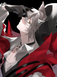 Rule 34 | 1boy, animal ears, arknights, black background, black hat, cape, cat boy, cat ears, commentary request, grey hair, half mask, hat, head tilt, highres, looking at viewer, male focus, mask, material growth, open clothes, open shirt, oripathy lesion (arknights), parted lips, phantom (arknights), phantom (focus) (arknights), red cape, shirt, short hair, simple background, solo, white shirt, yakota (usuk-yako), yellow eyes