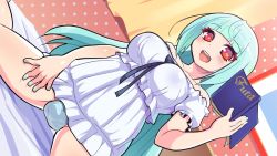 Rule 34 | 1girl, bare shoulders, blue hair, blue nails, book, breasts, bulge, collarbone, curtains, dutch angle, futanari, futatama tsukasa, hand on own thigh, holding, holding book, indie virtual youtuber, indoors, large breasts, light blue hair, long hair, miuraunihiko, nail polish, off shoulder, on bed, open mouth, orange eyes, panties, penis in panties, sitting, solo, underwear, very long hair, virtual youtuber, wariza