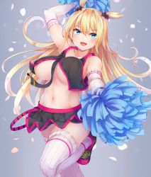 Rule 34 | + +, 1girl, :d, arm up, armpits, ash arms, bare shoulders, between breasts, black footwear, black shirt, black skirt, blonde hair, blue eyes, breasts, cheerleader, cleavage, crop top, crop top overhang, elbow gloves, fang, floating hair, gloves, grey background, highres, holding, holding pom poms, irohara, large breasts, leg up, long hair, looking at viewer, m26 pershing (ash arms), midriff, miniskirt, navel, necktie, no bra, open mouth, pleated skirt, pom pom (cheerleading), pom poms, ribbed gloves, ribbed legwear, shirt, shoes, skirt, sleeveless, sleeveless shirt, smile, sneakers, solo, sparkling eyes, stomach, thighhighs, thighs, two side up, very long hair, white gloves, white thighhighs