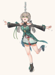 Rule 34 | 1girl, :d, absurdres, balancing on head, clothing cutout, green eyes, hair ornament, hairclip, high heels, highres, honkai: star rail, honkai (series), layered clothes, leaning forward, light brown hair, ling yuer, low twintails, mahjong, mahjong tile, open mouth, outstretched arms, qingque (honkai: star rail), shoulder cutout, shoulder strap, skirt, smile, solo, standing, standing on one leg, tassel, twintails, wide sleeves, yellow nails