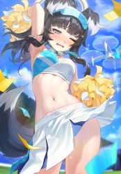 Rule 34 | 1girl, absurdres, animal ears, armpits, blue archive, blue eyes, blue skirt, blue sky, blurry, blurry background, blush, cheerleader, cloud, day, dog ears, dog tail, drone, eyewear on head, halo, hibiki (blue archive), hibiki (cheer squad) (blue archive), highres, midriff, millennium cheerleader outfit (blue archive), navel, outdoors, pom pom (cheerleading), sb (dlwnsrl1783), skirt, sky, solo, stadium, standing, sunglasses, sweat, tail, two-tone skirt, wavy mouth, white skirt
