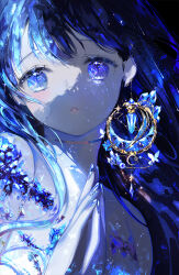 Rule 34 | 1girl, blue eyes, blue hair, blue nails, comet, commentary, crescent, crescent earrings, crystal, earrings, english commentary, hyatsu, jewelry, long hair, original, parted lips, solo
