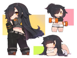 Rule 34 | 1girl, abs, bare shoulders, barefoot, black footwear, black gloves, black hair, black shirt, boots, breasts, butt crack, chibi, cleavage, commission, cowlick, crop top, cropped jacket, dumbbell, exercising, gloves, hair over one eye, high collar, large breasts, light smile, long hair, looking back, lying, midriff, nekodason, nightgown, on floor, on stomach, open mouth, original, ponytail, sera (judgemint), shadow, shirt, shorts, sports bra, square, sweat, the pose, weightlifting, white background, white shorts, yellow eyes