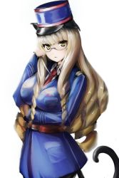 Rule 34 | 1girl, aegis (nerocc), animal ears, blonde hair, breast hold, breasts, cat ears, cat tail, cowboy shot, drill hair, glasses, hat, large breasts, long hair, long sleeves, looking at viewer, military, military hat, military uniform, necktie, pantyhose, perrine h. clostermann, red necktie, rimless eyewear, simple background, solo, strike witches, tail, uniform, white background, world witches series, yellow eyes