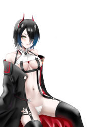 Rule 34 | 1girl, absurdres, azur lane, bare shoulders, black hair, black jacket, black thighhighs, blush, breasts, chinese commentary, clothes pull, covered erect nipples, feet out of frame, garter straps, hair ornament, hairclip, harness, highres, horns, jacket, jacket pull, looking at viewer, medium breasts, mianbaoren, multicolored hair, navel, open clothes, open jacket, open mouth, panties, short hair, sitting, solo, streaked hair, thighhighs, ulrich von hutten (azur lane), underboob, underwear, white background, white panties, yellow eyes