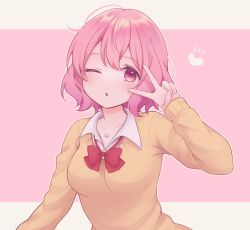 Rule 34 | 1girl, :o, bow, bowtie, hair between eyes, hatena (harrrr07), highres, indie utaite, long sleeves, niconico, nqrse, one eye closed, open mouth, pink hair, red bow, red bowtie, shirt, short hair, utaite, v, v over eye, yellow shirt