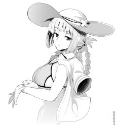 Rule 34 | 1girl, adjusting clothes, adjusting gloves, batsu, bikini, braid, breasts, expressionless, fate/grand order, fate (series), florence nightingale (chaldea lifesavers) (fate), florence nightingale (fate), from side, gloves, greyscale, half-closed eyes, hat, large breasts, looking at viewer, monochrome, putting on gloves, shirt on shoulders, sidelocks, simple background, solo, sun hat, swimsuit, twitter username, underboob, upper body