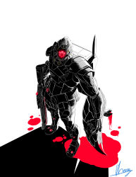 Rule 34 | 1boy, absurdres, arm at side, armor, assault rifle, backlighting, backpack, bag, black armor, black theme, bleeding, blood, counter:side, facing viewer, from above, glowing, glowing armor, glowing eye, glowing weapon, gun, helmet, highres, holding, holding gun, holding weapon, light, male focus, mixed-language commentary, monster, old administration rifleman, pool of blood, power suit, rifle, scope, severed limb, shadow, sidelighting, signature, solo, standing, tnckddl65, weapon, white background