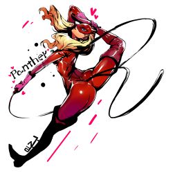 Rule 34 | 10s, 1girl, absurdres, ass, bad id, bad pixiv id, blonde hair, blue eyes, bodysuit, boots, breasts, from behind, gloves, highres, long hair, looking at viewer, looking back, mask, medium breasts, persona, persona 5, red bodysuit, simple background, solo, split, tail, takamaki anne, thigh boots, thighhighs, twintails, whip, white background